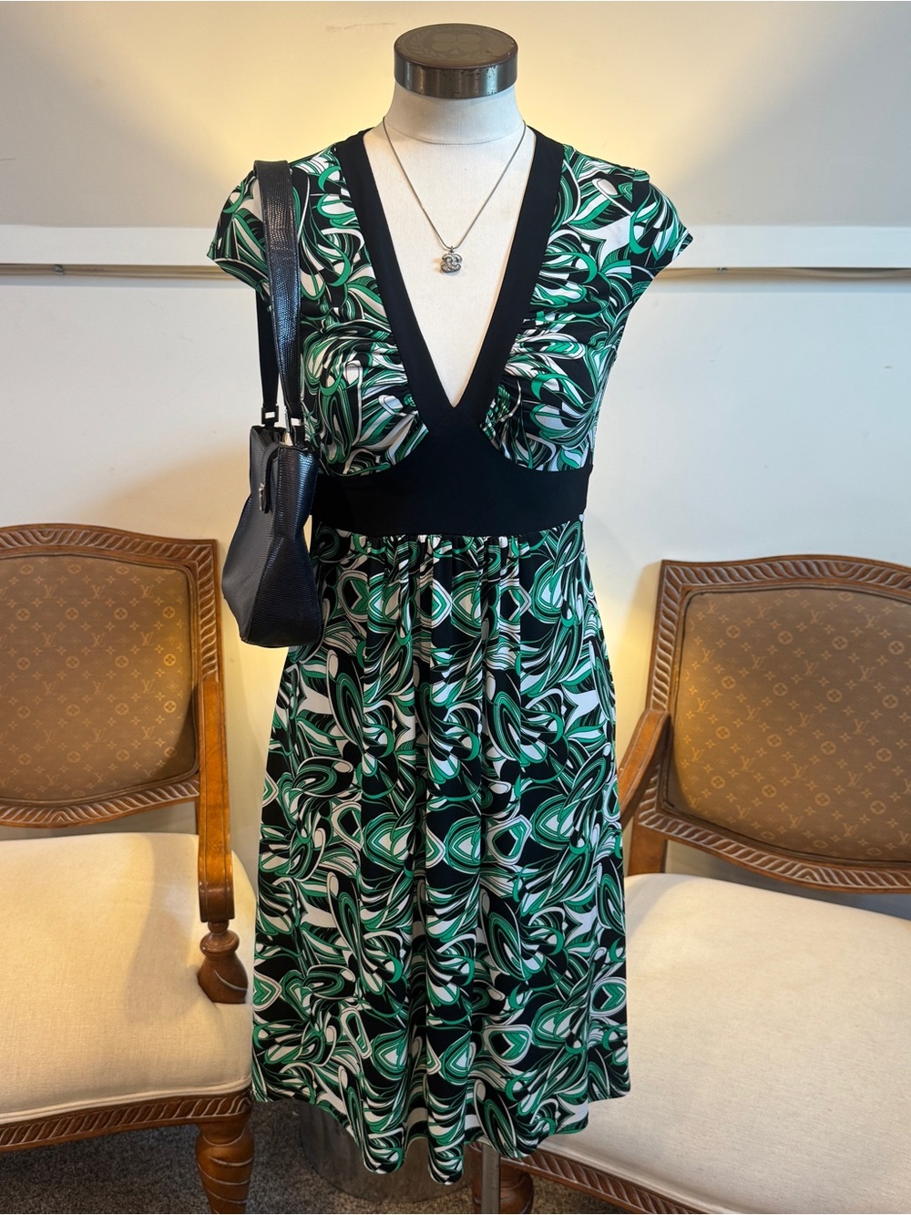 Vintage 90s Y2K Green and Black Abstract Patterned Babydoll Dress S Tie Back